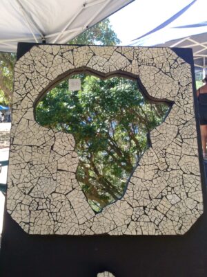 Africa Shaped Mirror with Ostrich Egg or Abalone / Pāua Shell Mosaic